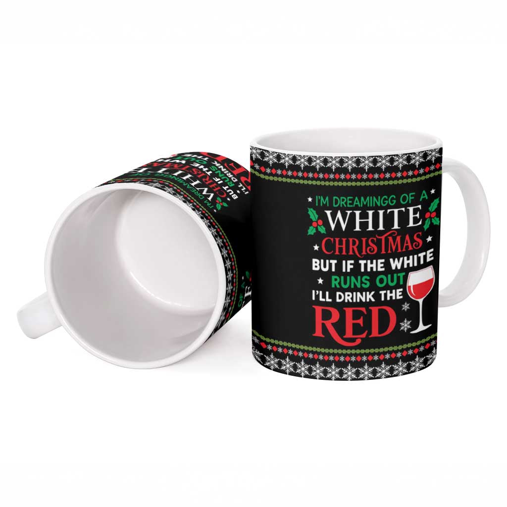 White and Red Christmas Wine Ceramic Mug with Festive Pattern and Holiday Cheer - Wonder Print Shop