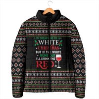 White and Red Christmas Wine Padded Jacket with Festive Pattern and Holiday Cheer - Wonder Print Shop