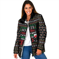 White and Red Christmas Wine Padded Jacket with Festive Pattern and Holiday Cheer - Wonder Print Shop