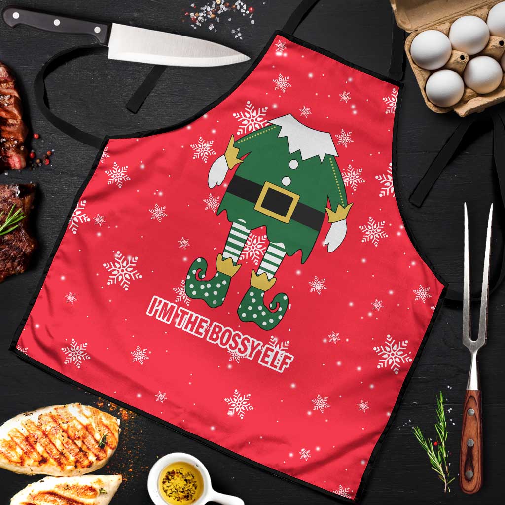 Bossy Elf Christmas Apron with Snowflakes and Striped Sleeves - Wonder Print Shop