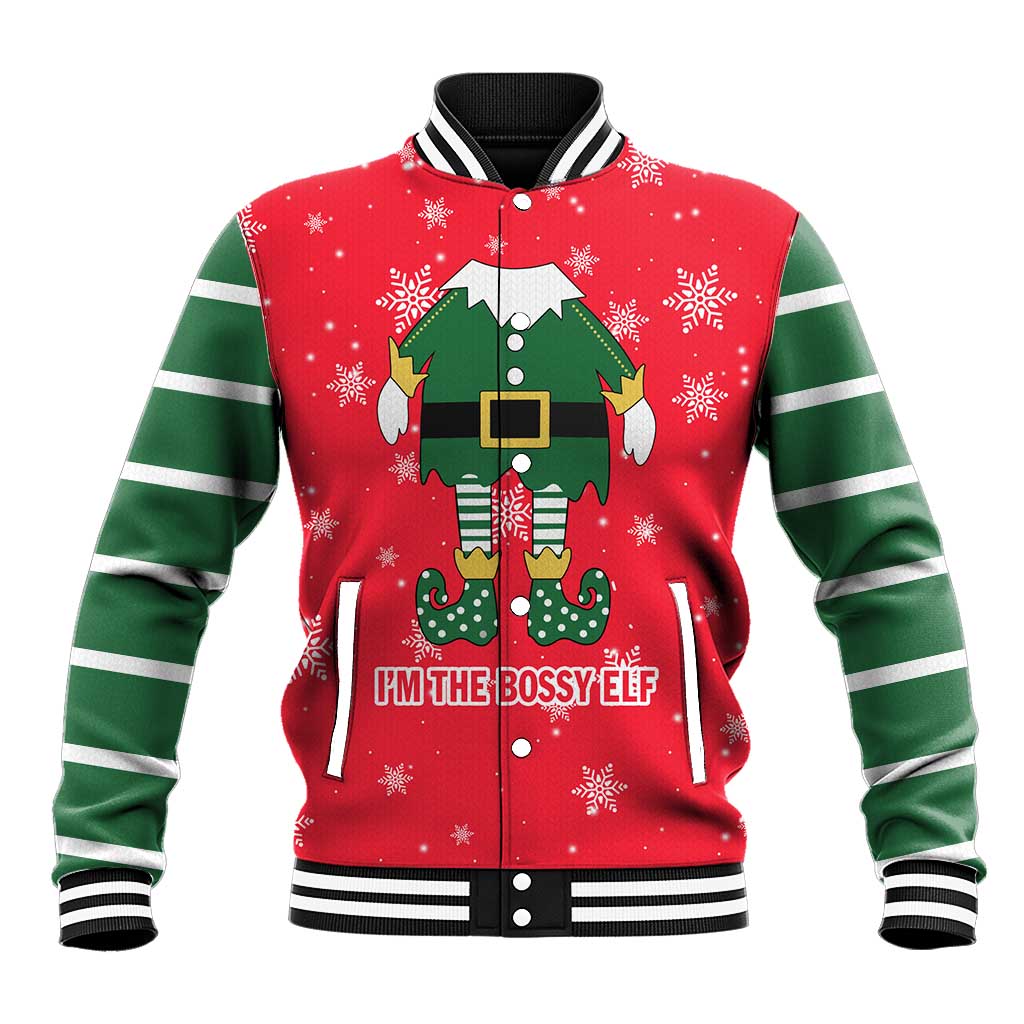 Bossy Elf Christmas Baseball Jacket with Snowflakes and Striped Sleeves - Wonder Print Shop