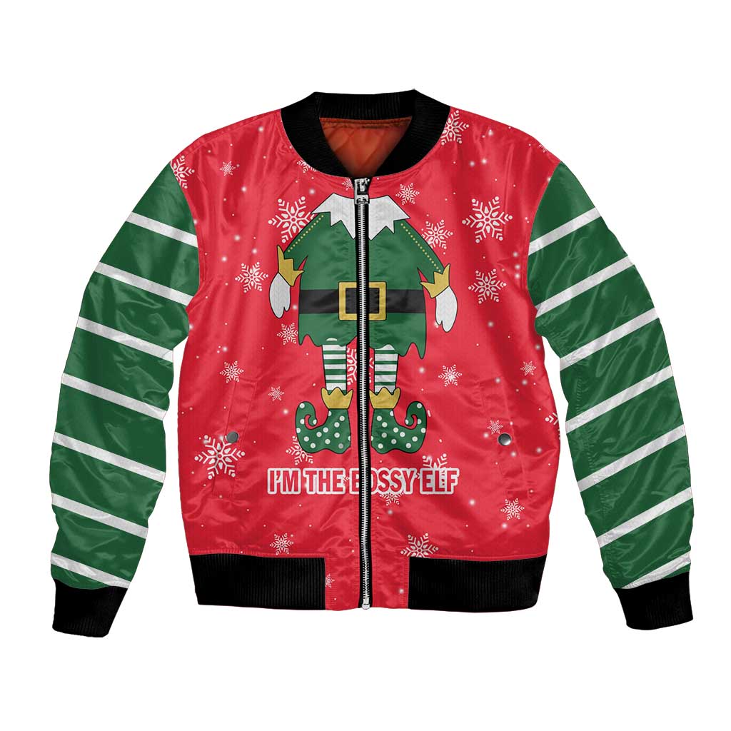 Bossy Elf Christmas Bomber Jacket with Snowflakes and Striped Sleeves - Wonder Print Shop