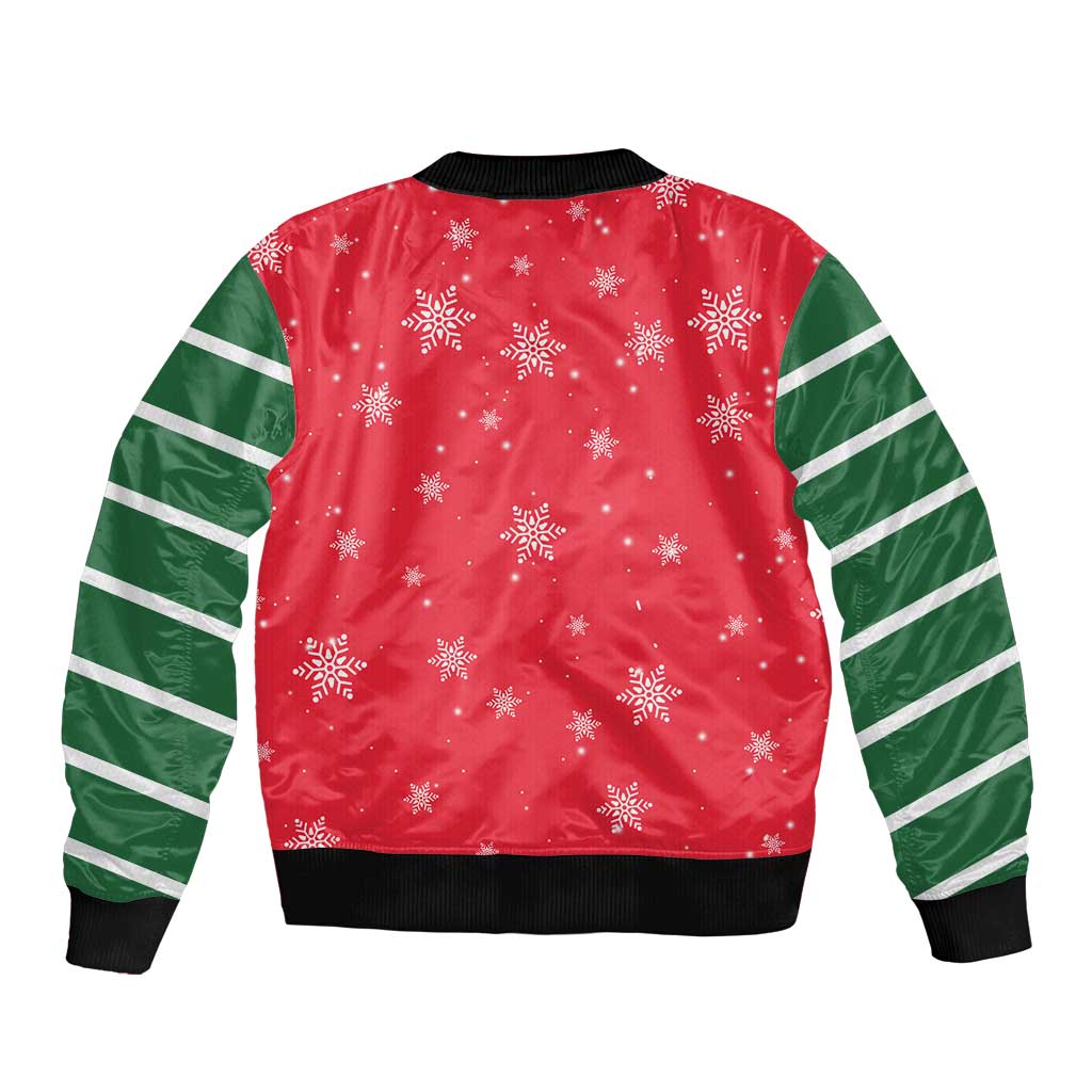 Bossy Elf Christmas Bomber Jacket with Snowflakes and Striped Sleeves - Wonder Print Shop