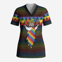 Rainbow Jesus Ah Men Christmas Scrub Top with Colorful Stripes and Holiday Pattern - Wonder Print Shop