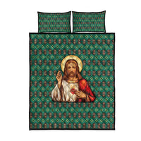 Sacred Heart Jesus Christmas Quilt Bed Set with Festive Green Knit Pattern - Wonder Print Shop