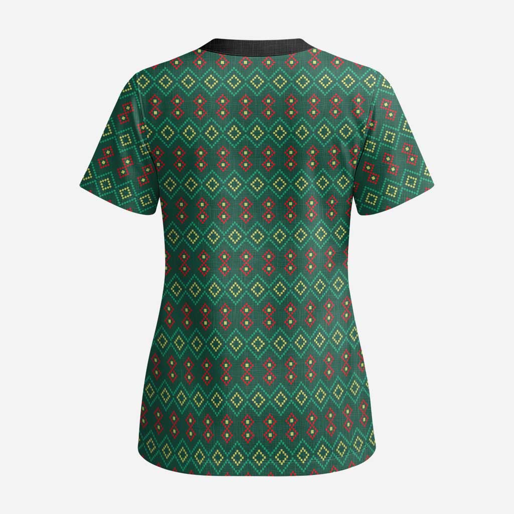 Sacred Heart Jesus Christmas Scrub Top with Festive Green Knit Pattern - Wonder Print Shop