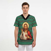 Sacred Heart Jesus Christmas Scrub Top with Festive Green Knit Pattern - Wonder Print Shop