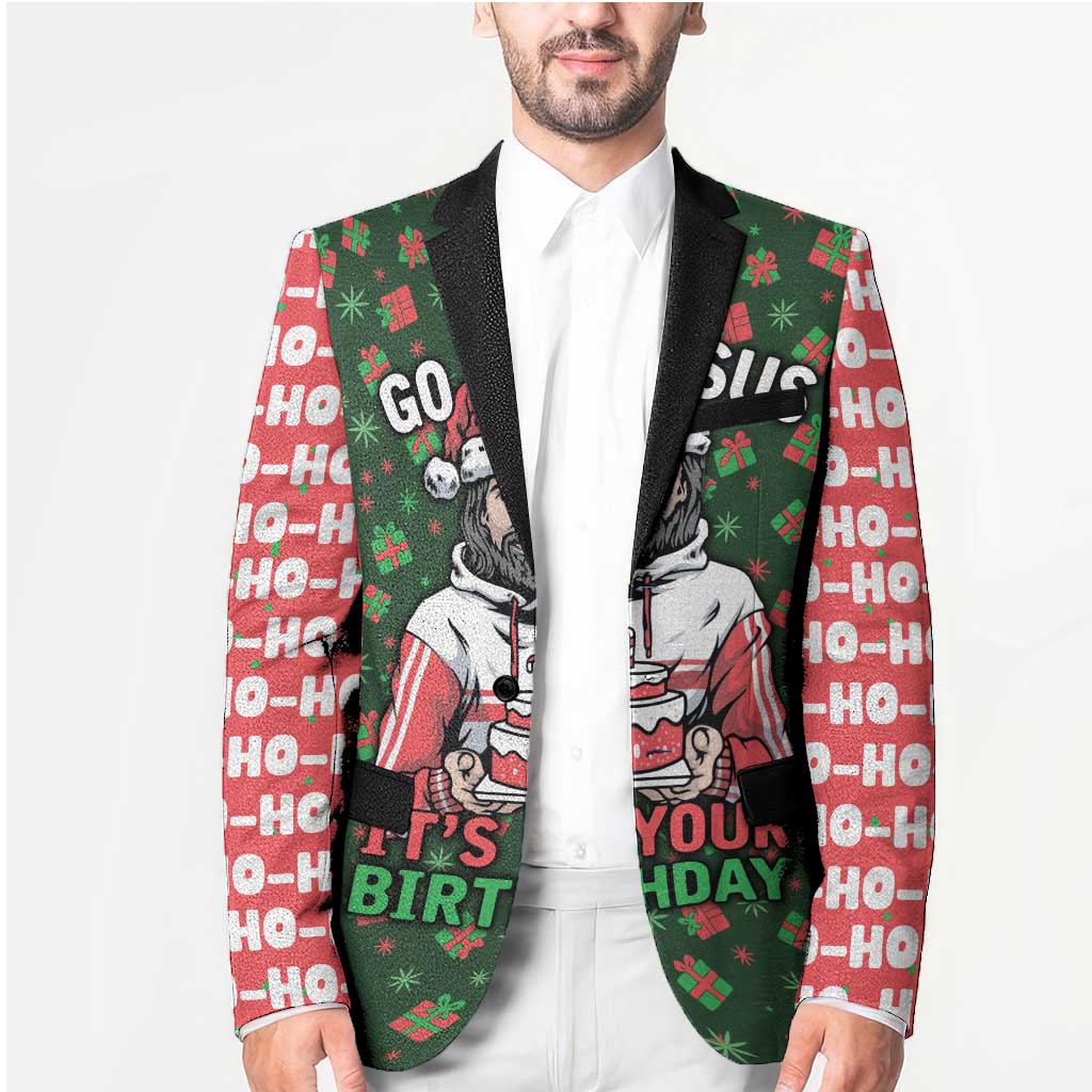Go Jesus It's Your Birthday Christmas Blazer with Presents and Festive Pattern - Wonder Print Shop