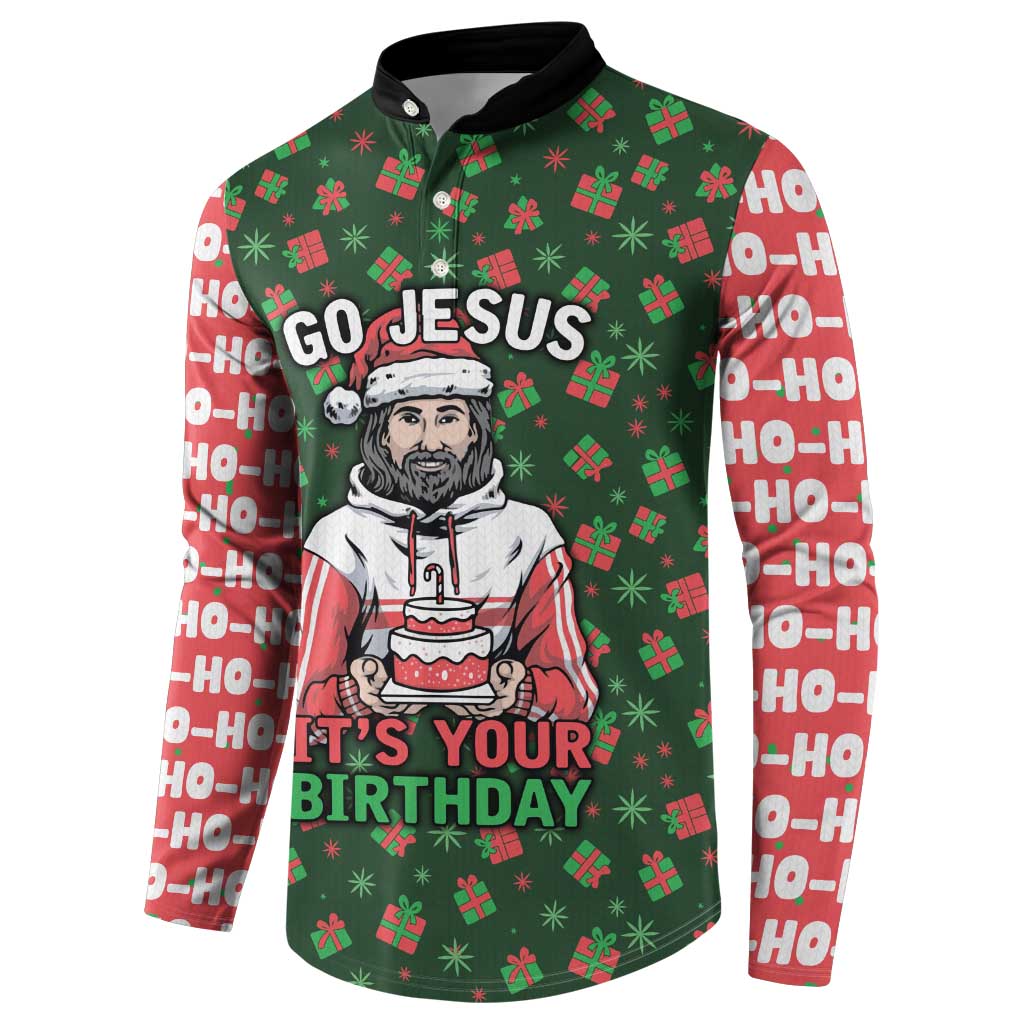 Go Jesus It's Your Birthday Christmas Button Sweatshirt with Presents and Festive Pattern - Wonder Print Shop