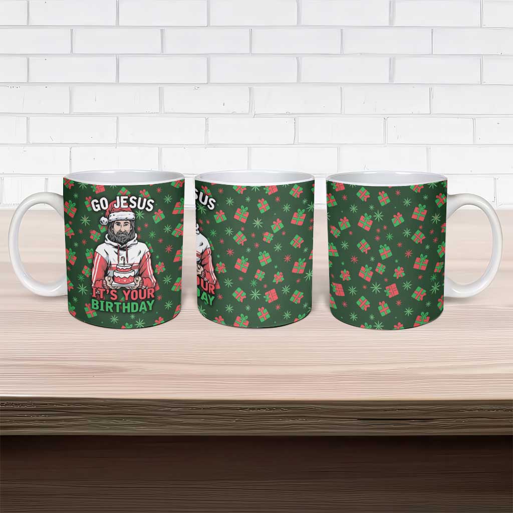 Go Jesus It's Your Birthday Christmas Ceramic Mug with Presents and Festive Pattern - Wonder Print Shop