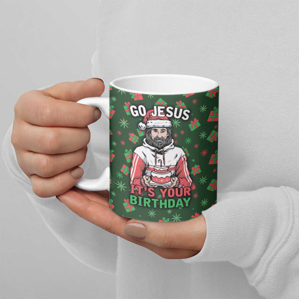 Go Jesus It's Your Birthday Christmas Ceramic Mug with Presents and Festive Pattern - Wonder Print Shop