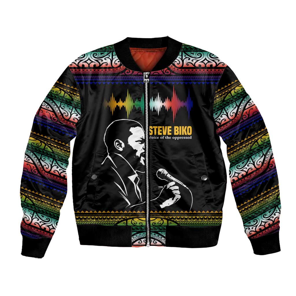 Steve Biko Bomber Jacket with Microphone Portrait, Black Consciousness Quote and Vibrant Ethnic Wave - Wonder Print Shop