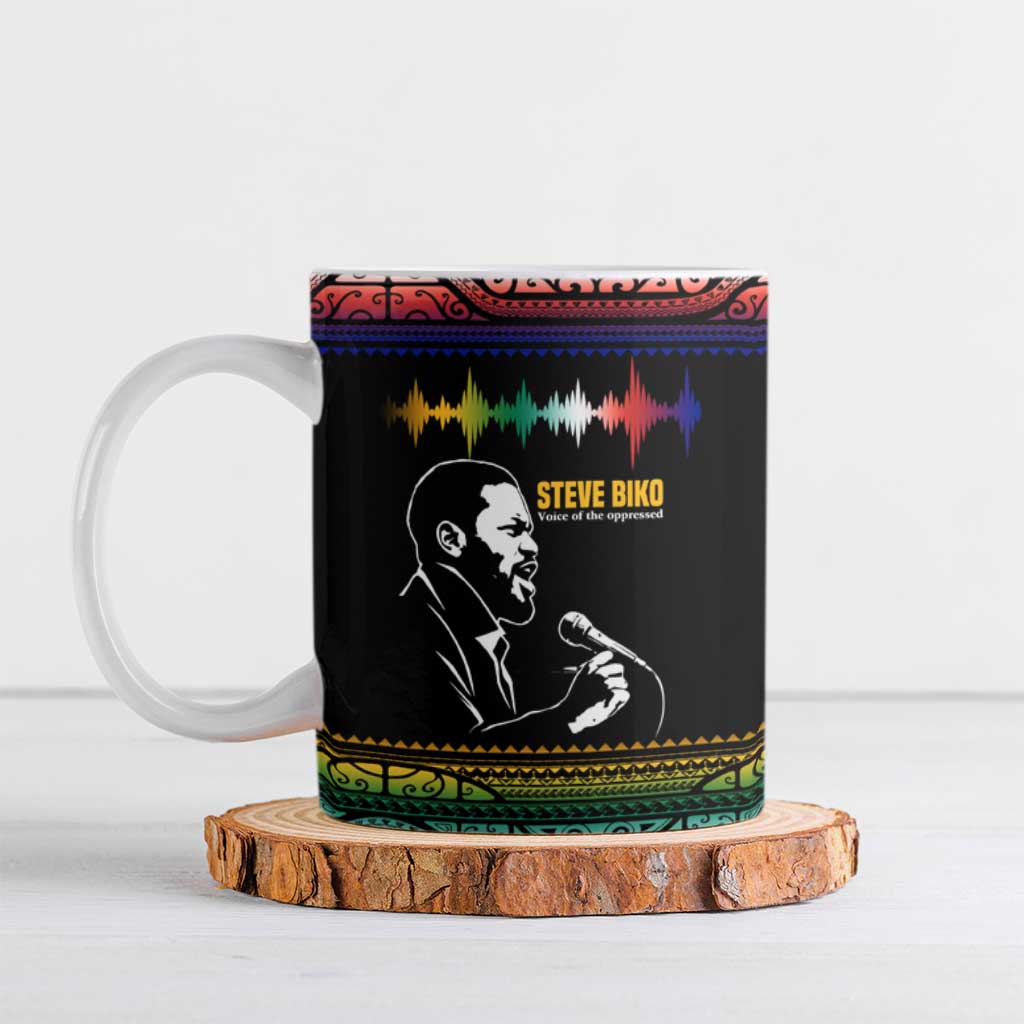 Steve Biko Ceramic Mug with Microphone Portrait, Black Consciousness Quote and Vibrant Ethnic Wave - Wonder Print Shop
