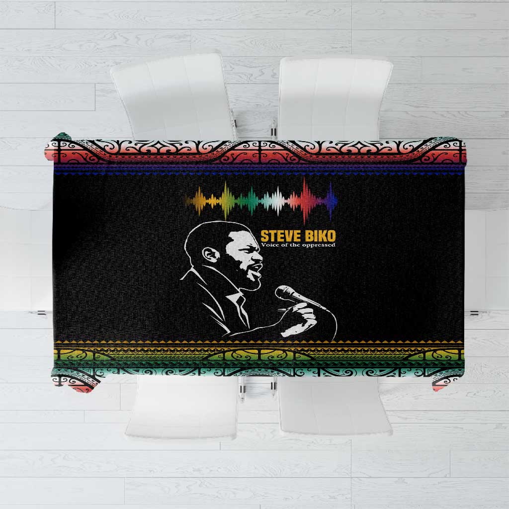 Steve Biko Tablecloth with Microphone Portrait, Black Consciousness Quote and Vibrant Ethnic Wave - Wonder Print Shop