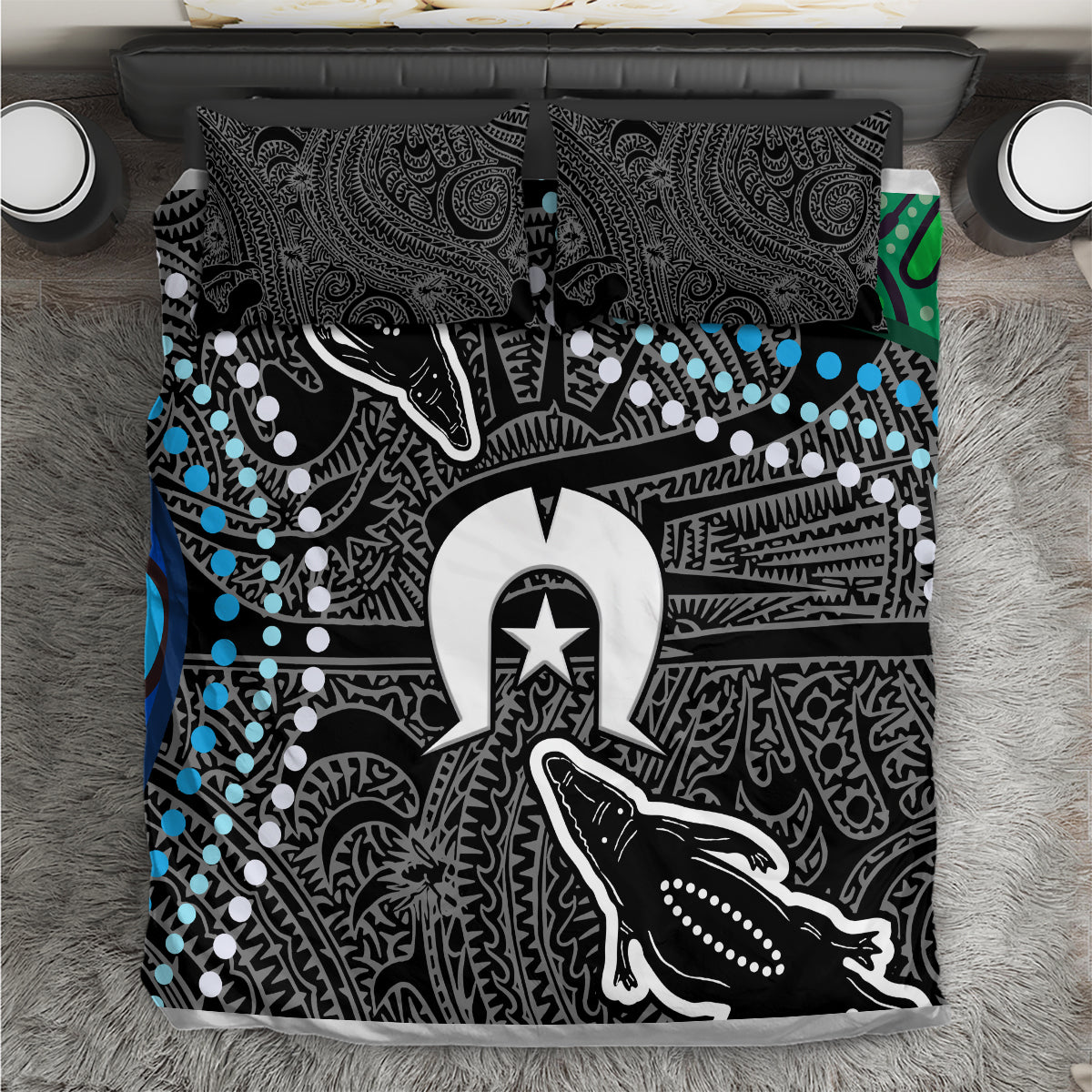 Black and gray crocodile print bedding set with blue dot accents and two matching pillows