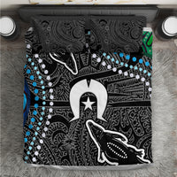 Black and gray crocodile print bedding set with blue dot accents and two matching pillows