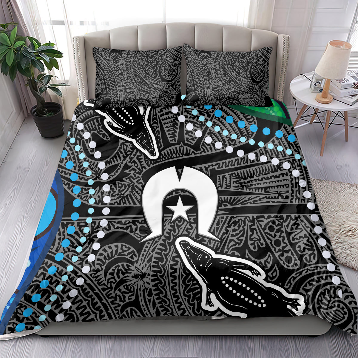 Crocodile-themed bedding set with blue dot details, star emblem, and two matching pillows