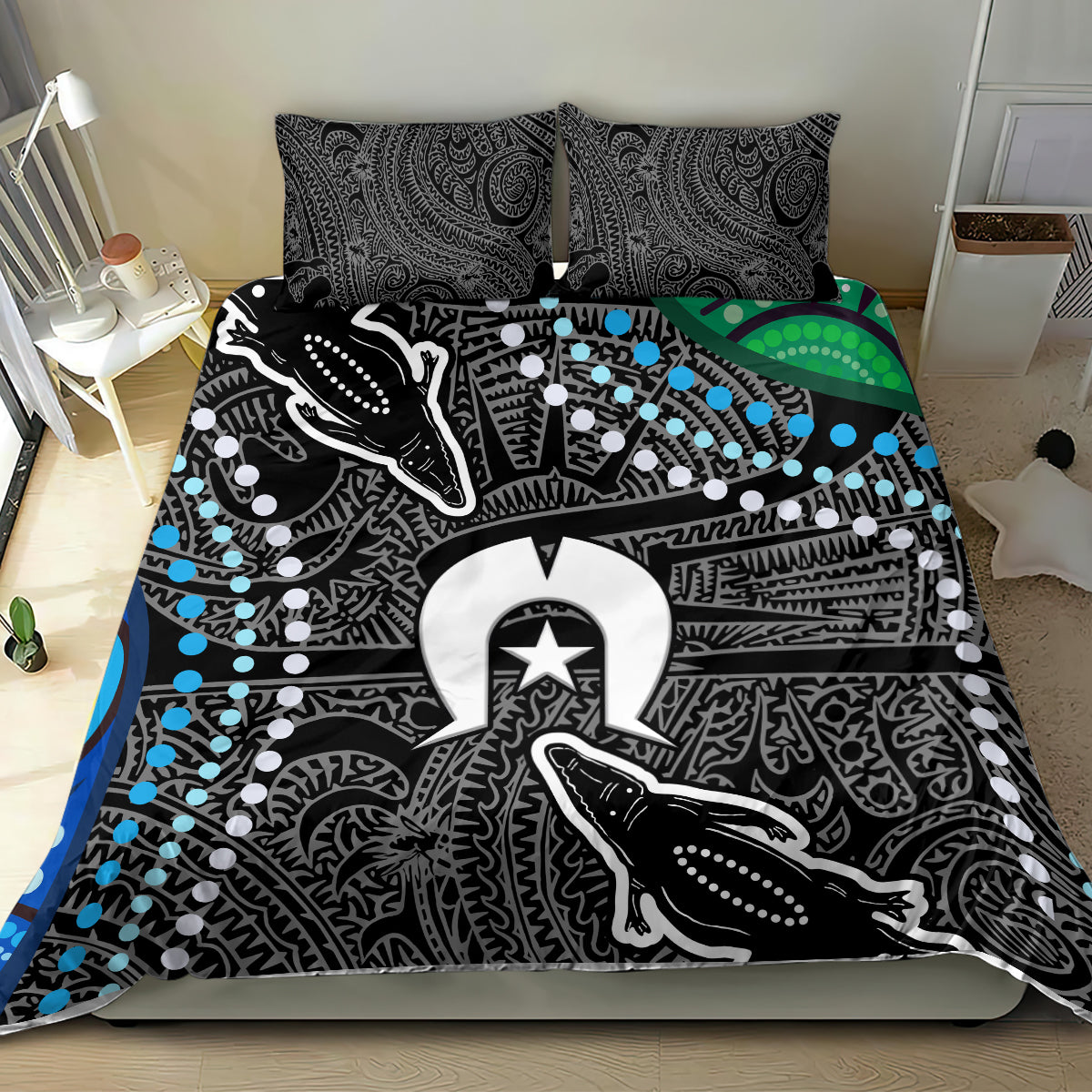 Crocodile pattern bedding set with black, gray, and blue dots; two matching patterned pillows