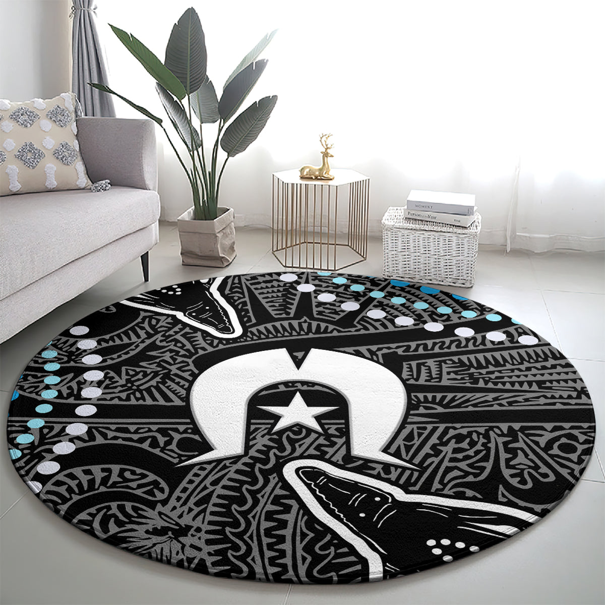 Round black carpet with white/gray tribal graphic center and light blue accent details