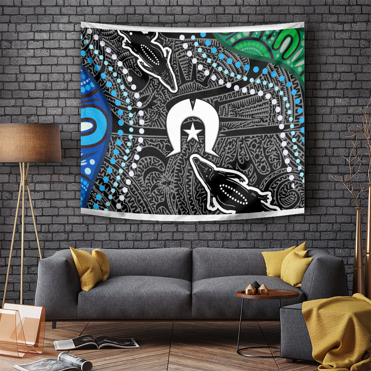 Multicolor wall tapestry featuring star emblem, black silhouettes, blue and green accents