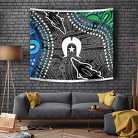 Multicolor wall tapestry featuring star emblem, black silhouettes, blue and green accents