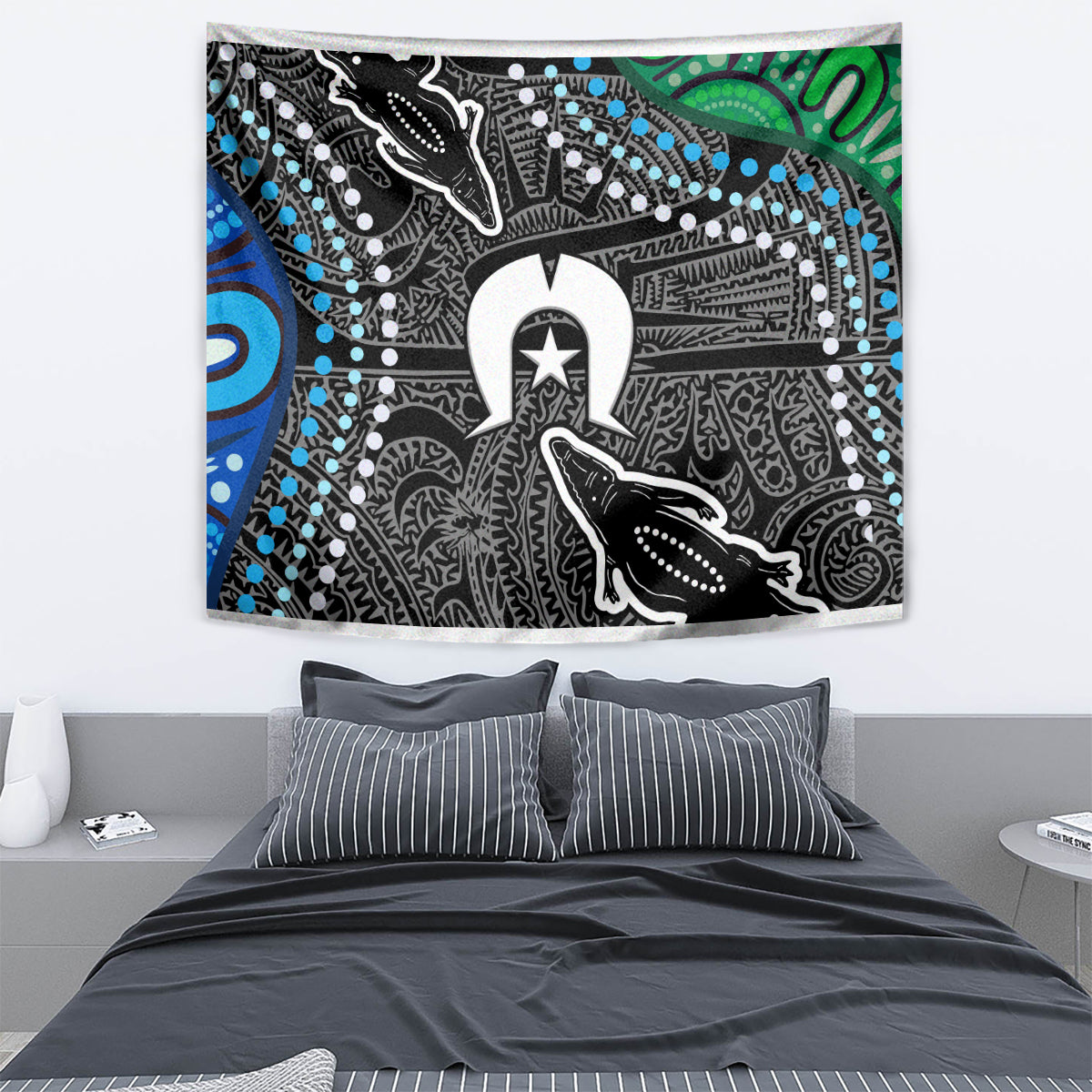 Multicolor Aboriginal-style wall tapestry with central white star figure and black animal shapes
