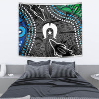 Multicolor Aboriginal-style wall tapestry with central white star figure and black animal shapes