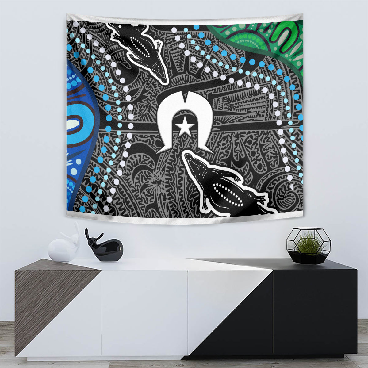 Multicolor Aboriginal-style wall tapestry with black-and-white patterns and green top arc