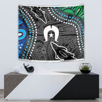 Multicolor Aboriginal-style wall tapestry with black-and-white patterns and green top arc