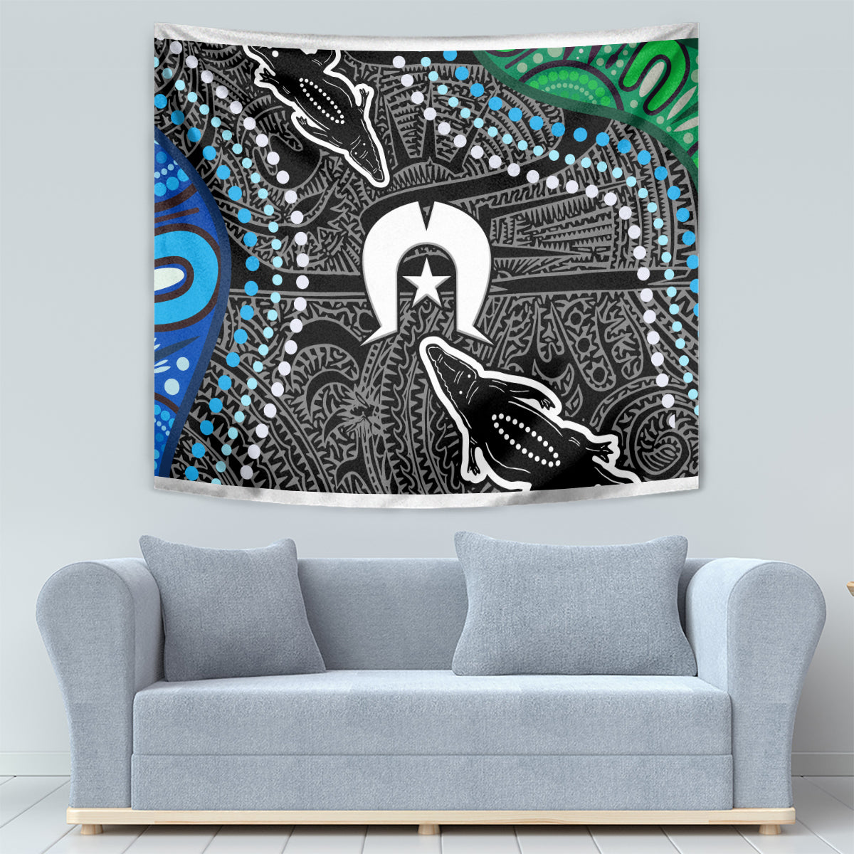 Multicolor wall tapestry with central white star figure and black-and-white tribal linework
