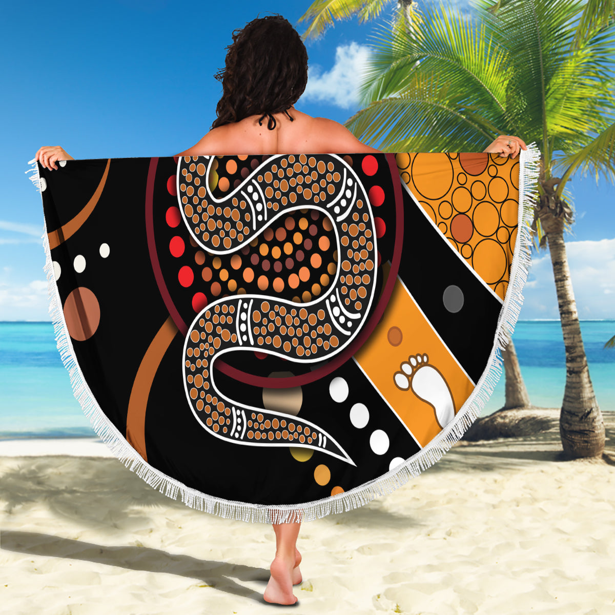 Round beach blanket with white fringe, Aboriginal snake dot art with paw prints