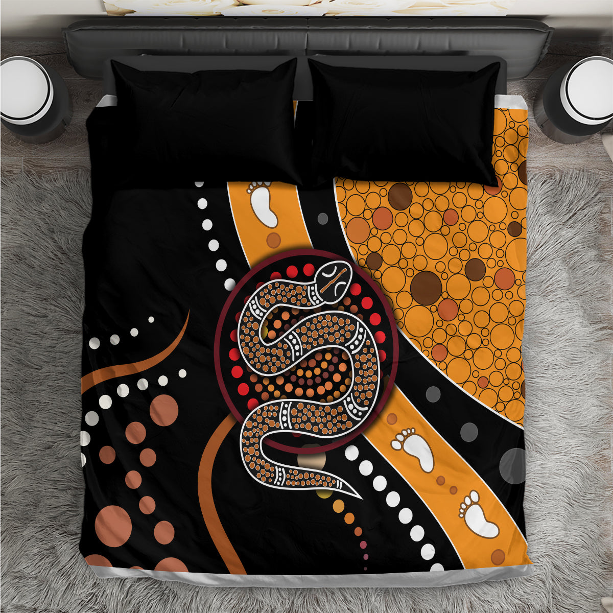Multicolor Aboriginal snake dot art bedding set with black and orange duvet, 2 pillowcases