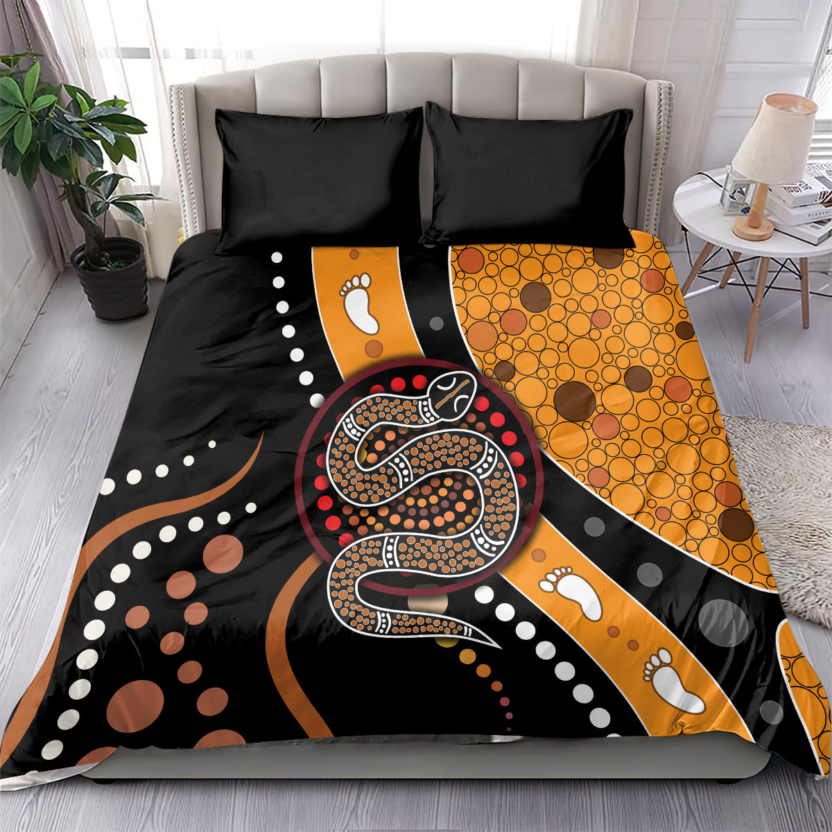 Multicolor Aboriginal snake dot art bedding set with black/orange duvet and 2 pillowcases