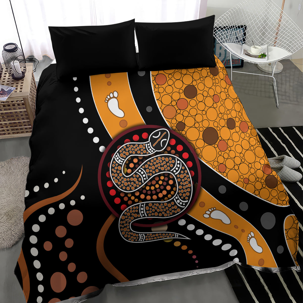 Multicolor Aboriginal snake dot art bedding set with black/orange duvet and 2 front pillowcases