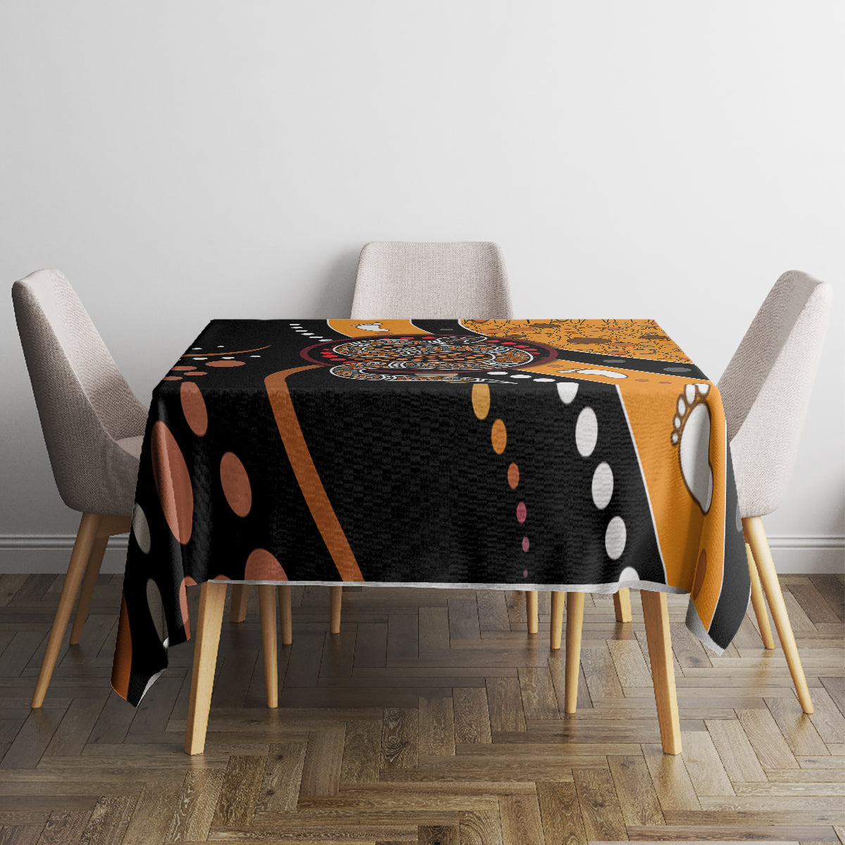 Multicolor snake dot art tablecloth on dining table, black-orange top with circular dot pattern