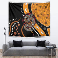 Multicolor snake-pattern dot art tapestry with coiled serpent and orange dotted right panel.