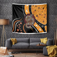 Multicolor snake-pattern dot art tapestry with coiled serpent center and orange dot waves.