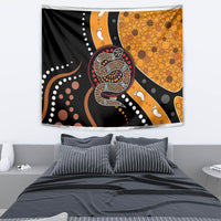 Multicolor snake-pattern dot art tapestry with central coiled serpent, white dot accents.