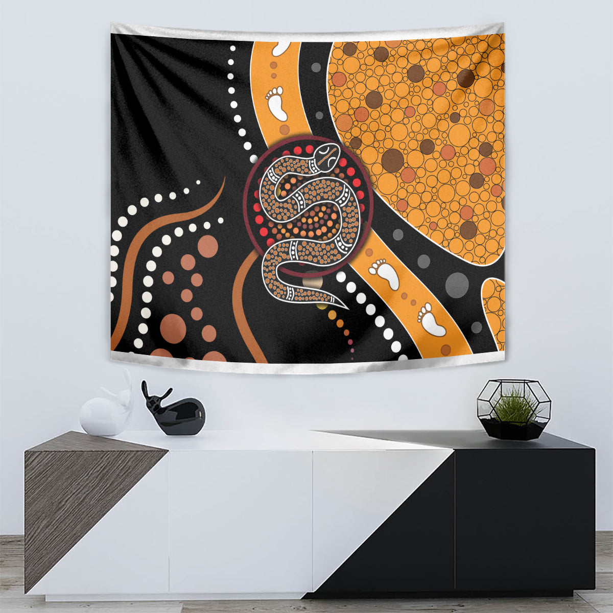 Multicolor snake-pattern dot art tapestry with coiled serpent and orange bubble-dot panel.