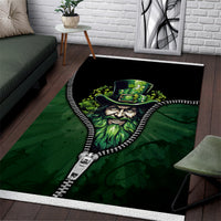 Rectangular area rug with green bearded leprechaun graphic and white zipper border