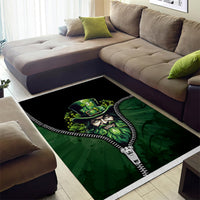3D zip art area rug featuring green bearded leprechaun portrait with zipper trim