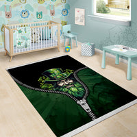 Rectangular area rug with green leprechaun head graphic on black and zipper border