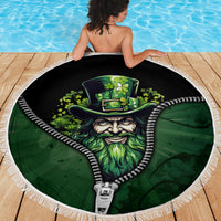 Round beach blanket with white fringe, green leprechaun hat and beard graphic
