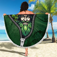 Round beach blanket with white fringe featuring green leprechaun face zipper graphic