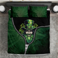 Top view green and black bedding set with leprechaun portrait, white zipper trim, square pillowcases