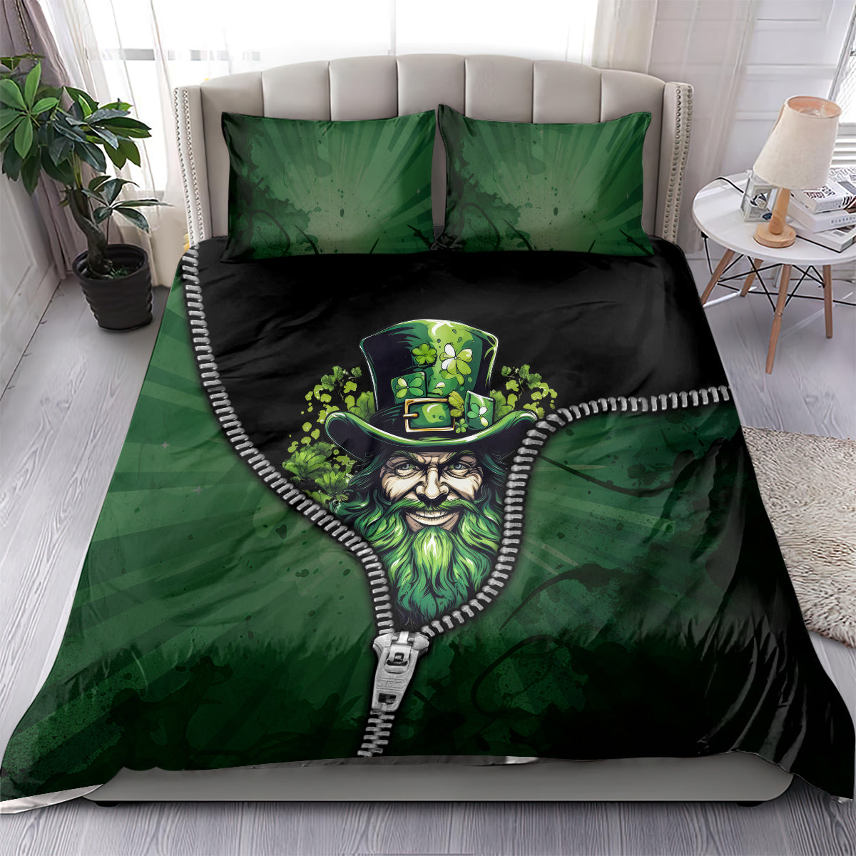 Green and black zip-art comforter set with leprechaun portrait, white zipper trim, two pillows
