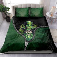 Green and black zip-art comforter set with leprechaun portrait, white zipper trim, two pillows