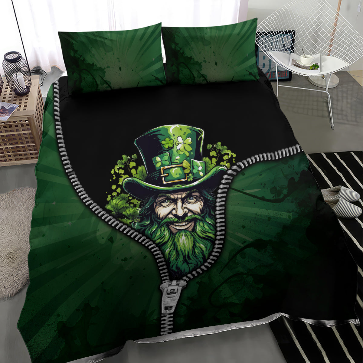 Green and black zip-art bedding set with leprechaun portrait, white zipper trim, two pillowcases