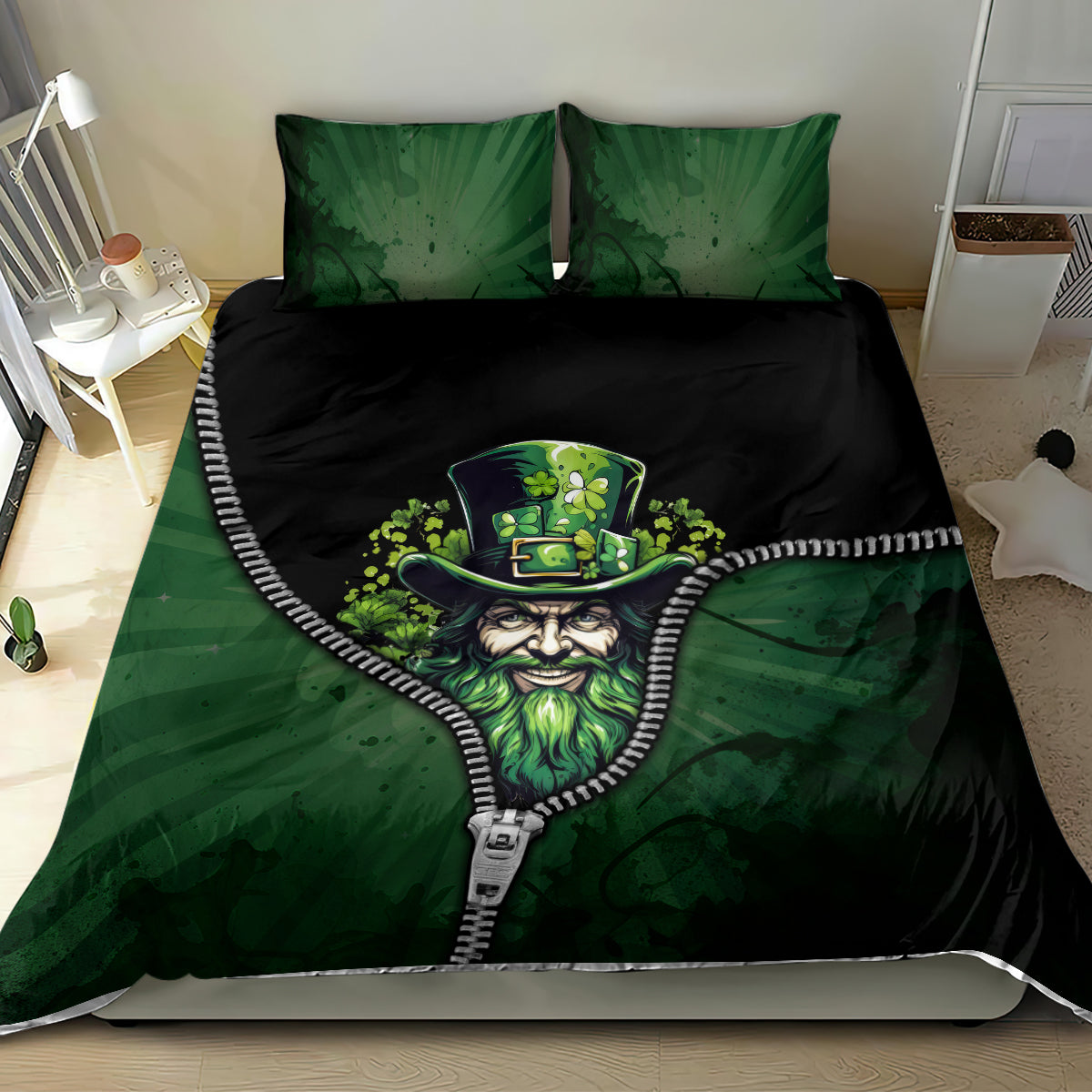 Green and black duvet bedding set with leprechaun portrait and white zipper trim, two pillowcases