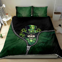 Green and black duvet bedding set with leprechaun portrait and white zipper trim, two pillowcases